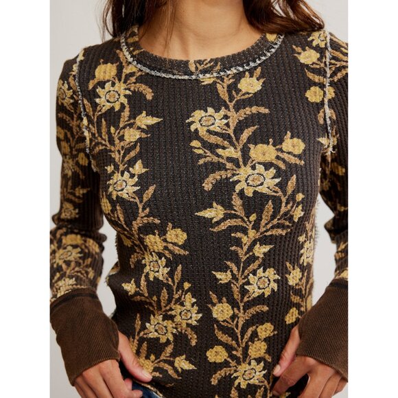 Free People Dark Brown and Gold Floral Long Sleeve Tee - Picture 4 of 6